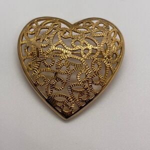 Vintage Gold Tone Filigree Heart Brooch Large Openwork Statement Jewelry